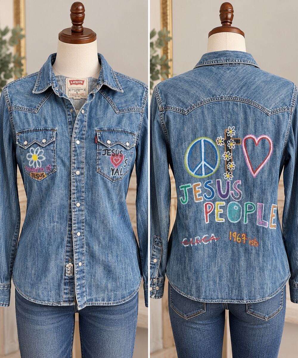 Levi’s Denim Western Shirt S Jesus People Hand Painted Pearl Snap Christian